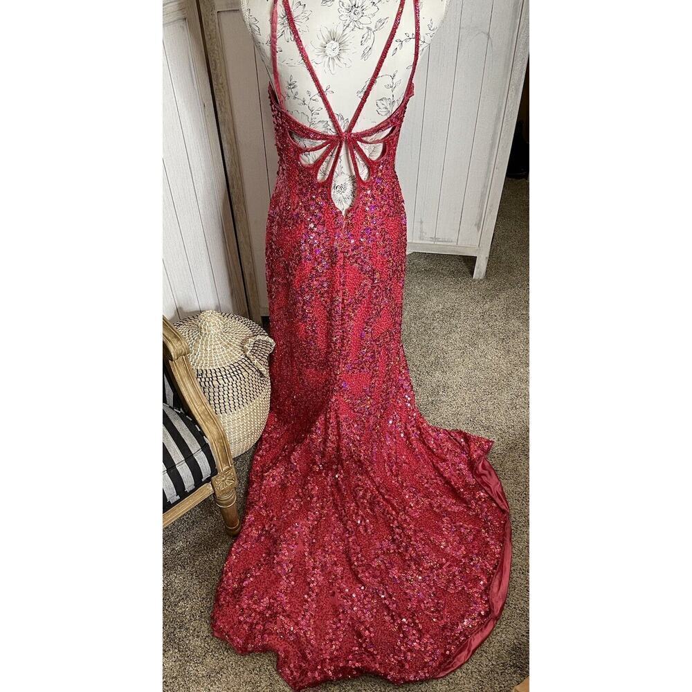 Glam Gurlz Pink Fully Beaded Sequin Prom Evening Dress Train High Slit Medium - Picture 4 of 11